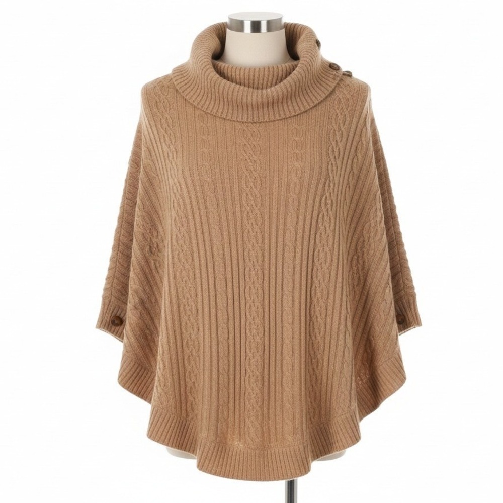 Talbots Camel Tan Cable Knit Poncho Sweater Cowl Neck Button Side Women Size S/M